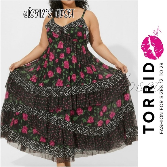 Torrid x Betsey Johnson Romantic Rose Floral Dot Mesh Ruffle Maxi Dress 3X 22 24 - Picture 1 of 16